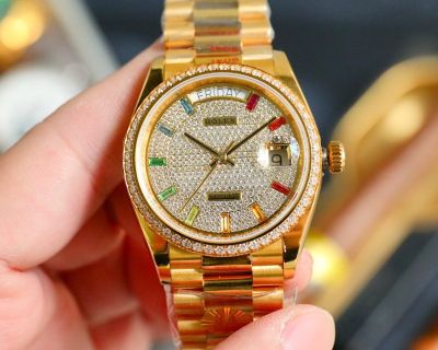 3A Factory ROLEX Day-date Replica with Gold Case 904L Steel 2834 Movement 36*11MM Diamond Watch